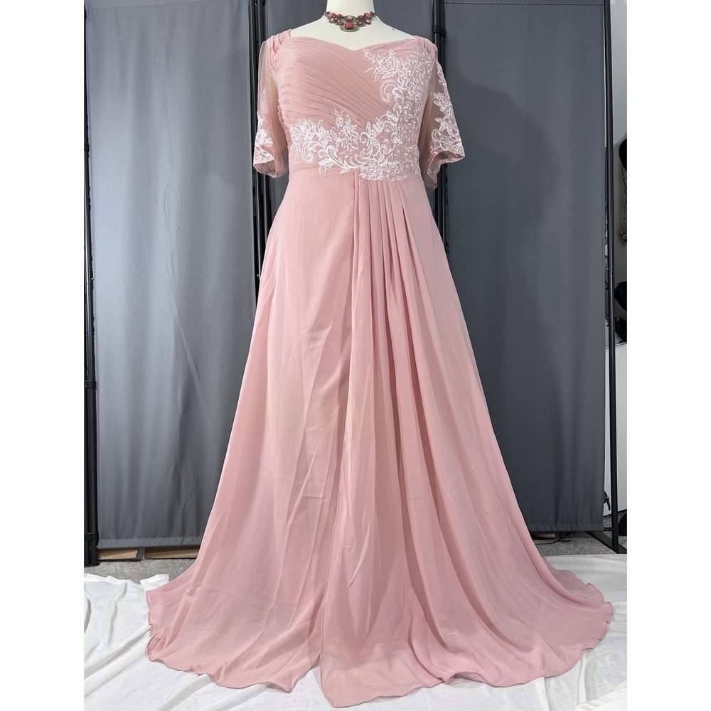 Pink Chiffon Formal Evening Gown Lace Applique A-Line Sz XL Corset Prom Maxi #J